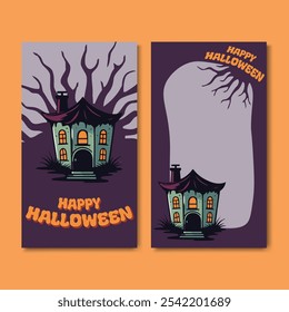 Happy Halloween Social Media Story Template Haunted House Illustration for party invitations, holiday promotions, festive announcements and halloween event.