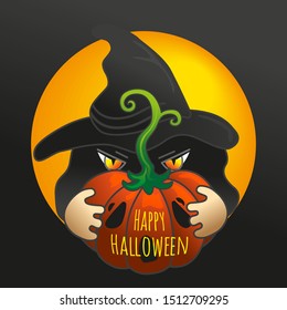 Happy Halloween. Someone Black in a black hat gives a pumpkin - Jack's lantern.