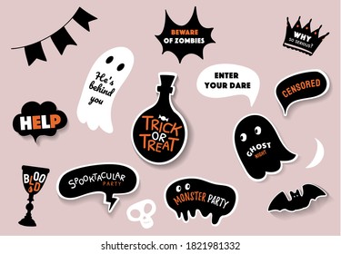 Fröhliches Halloween. Sprachblasen mit Text gesetzt. Trick oder behandeln, Party, Boo, Wow, Hilfe, Zombies, Blut, Biss etc. Vektorgrafik. Halloween Design-Elemente, Logos, Badges, Labels, Symbole, Objekte.
