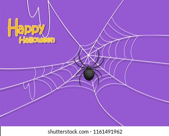 Happy Halloween. Spider black and cobweb on color Background. Card, poster, banner. Vector illustration