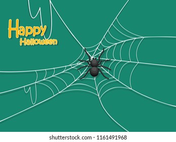 Happy Halloween. Spider black and cobweb on color Background. Card, poster, banner. Vector illustration