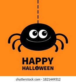 Happy Halloween. Spider icon. Hanging dash line web. Cute cartoon kawaii kids baby animal character. Black silhouette. Funny smiling insect. Big eyes. Flat design. Isolated. Orange background. Vector