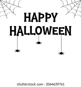 Happy Halloween. Spider set hanging. Dash line web. Bones text font. Bone letter type. Cute cartoon kawaii baby animal character. Black silhouette. Funny insect. Flat design. White background. Vector