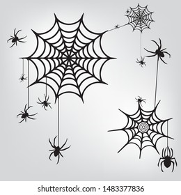 Happy Halloween spider vector illustration and realistic isolated seamless pattern with hanging spiders for decoration 3d