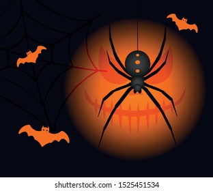 Happy halloween, spider halloween vector. Orange gradient background.
