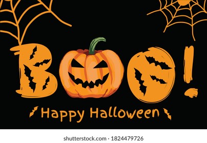 Happy Halloween. Spider, web, bat, witch hat vector illustration. Orange, black background.