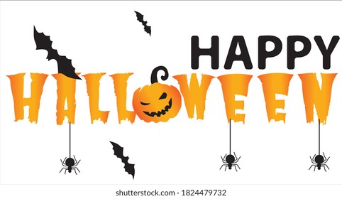 Happy Halloween. Spider, web, bat, witch hat vector illustration. Orange, black background.