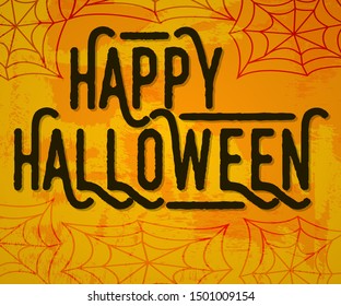 Happy Halloween with Spider Web. Concept Label, Banner, Art, Icon. Cartoon Vector Illustration.