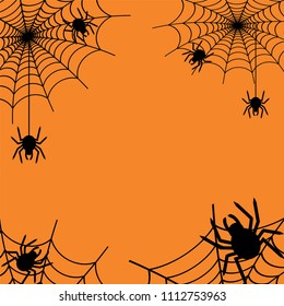 Happy Halloween spider web and spiders on orange background for greeting card, poster, banner, Vector illustration