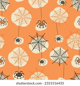 Araña feliz de Halloween con telarañas de suave naranja vintage