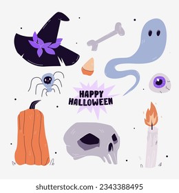Happy Halloween, spider, witch hat, skull, candle, eye, candy, bone, pumpkin.Funny drawn set of vector holiday elements. Cute cartoon illustration for banners, decoration, web design, stickers