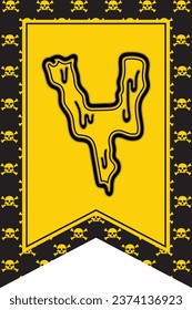 Happy Halloween splashy Letters Banner with black border and yellow back having skeleton pattern