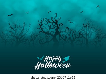 Happy halloween spooky background with dead tree forest and flying bats