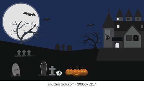 Happy Halloween Spooky Background with full moon ,castle dracula, old witch, tomb, coffin and pumpkin