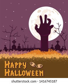 Happy Halloween Spooky background, zombie hand coming out of the ground 