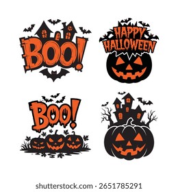 Happy Halloween Spooky Boo! lettering with haunted house, bats, pumpkins, ghosts, Vector illustration.