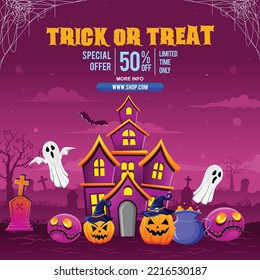 Happy halloween spooky cartoon illustration. Graphic design for the decoration of gift certificates, banners and flyer.