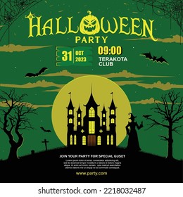 Happy halloween spooky cartoon illustration. Graphic design for the decoration of gift certificates, banners and flyer.