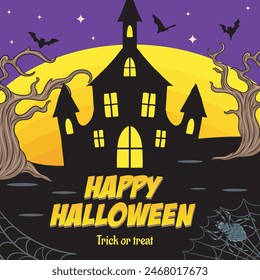 Happy Halloween Spooky Castle Nighttime Moon Bat Purple Background Scene Illustration