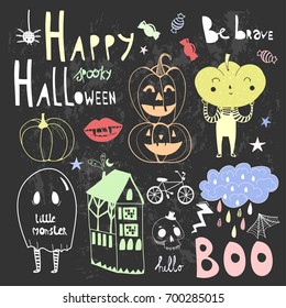 Happy halloween spooky doodles. Colored graphic vector set. Chalkboard background All elements are isolated