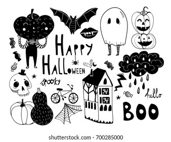 Happy halloween spooky doodles. Graphic vector set. All elements are isolated