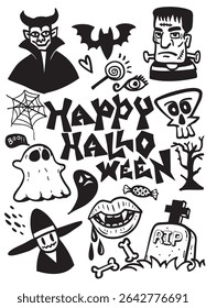 A happy halloween with spooky elements like ghosts, bats, and skulls creates festive atmosphere