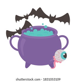 happy halloween spooky eye cauldron and bats decoration vector illustration