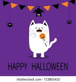 Happy Halloween. Spooky frightened cat holding pumpkin face on stick. Flag garland. Hanging bat, spider dash line. Bunting flags. Funny Cute cartoon baby character Flat design Violet background Vector