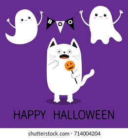 Happy Halloween. Spooky frightened cat holding pumpkin face on stick. Flag garland. Flying ghosts bunting flags Boo. Funny Cute cartoon baby character. Flat design. Violet background. Vector