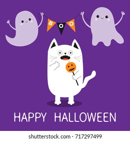 Happy Halloween. Spooky frightened cat holding pumpkin face on stick. Flag garland. Flying transparent ghost bunting flags Boo. Funny Cute cartoon baby character. Flat design. Violet background Vector