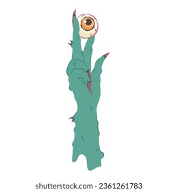 Happy Halloween. Spooky Hand of monster, zombie. Witch's fingers holding yellow eye. Creepy cartoon hand isolated. Vector flat illustration for party, holiday, card