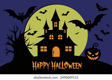 Happy Halloween Spooky Haunted House Art Vector Illustration - Creepy, Eerie, Scary, Haunted Mansion, Ghosts, Pumpkins, Bats, Spiders, Full Moon, Black Cats, Witches, Trick or Treat