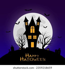 Happy halloween spooky house, moon and bats vector illustration