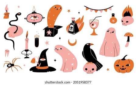 Happy Halloween spooky illustrations. Cute funny cartoon characters and elements: pumpkin, ghost, cat, skull, spider, candle, poison, hat. Flat vector set for cards, print, party decoration