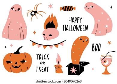 Happy Halloween spooky illustrations and phrases. Cute funny cartoon characters: pumpkin, ghost, cat, skull, spider, candle. Trick or treat. Boo. Flat vector set for cards, print, party decoration