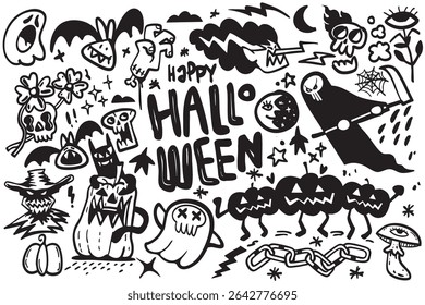 A happy halloween with spooky illustrations and playful designs creates festive atmosphere