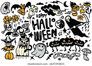 Um feliz halloween com ilustrações assustadoras e cores vibrantes cria atmosfera festiva