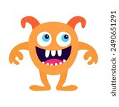 Happy Halloween. Spooky monster. Cartoon kawaii funny baby character. Cute orange monsters silhouette icon. Eyes, horns, smiling face, hands. Childish style. Flat design. White background. Vector