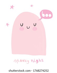 Happy Halloween. Spooky Night. Funny Hand Drawn Halloween Vector Illustration with Sweet Pink Ghost and Stars. Cute Ghost Isolated on a White Background. Halloween Card.