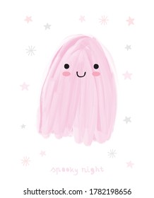 Happy Halloween. Spooky Night. Funny Hand Drawn Halloween Vector Illustration with Sweet Pink Ghost and Stars. Cute Ghost Isolated on a White Background. Halloween Card.