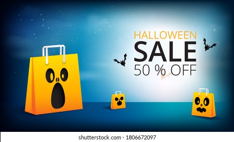 Feliz noche espeluznante de Halloween con venta de bolsos de compras banner papel de fondo estilo de corte.Ilustración vectorial.