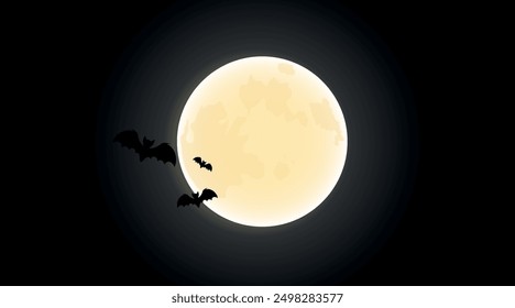 Happy Halloween Spooky Nighttime Scene with full moon and bats horizontal black background.