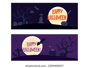 Feliz Halloween Escena de noche espeluznante Fondo Horizontal con murciélagos, luna llena, árboles malvados, tumbas. Diseño de miedo de Vector de Halloween feliz. Anuncio de Halloween, invitación del partido