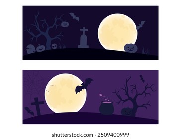 Feliz Halloween Escena de noche espeluznante Fondo Horizontal con murciélagos, luna llena, árboles malvados, tumbas. Diseño de miedo de Vector de Halloween feliz. Anuncio de Halloween, invitación del partido