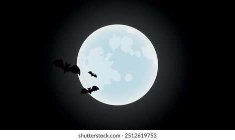 Happy Halloween Spooky Nighttime Scene with full silver moon and bats horizontal black background.