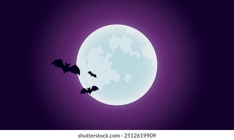 Happy Halloween Spooky Nighttime Scene with full silver moon and bats horizontal deep purple background.