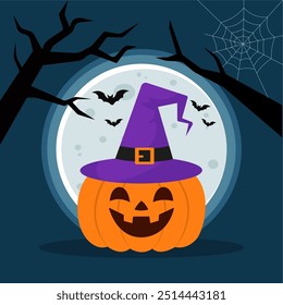 Happy Halloween Spooky Nighttime Scene with full moon, pumpkin in hat, spider web and bats horizontal dark background.