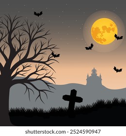 Happy Halloween Spooky Nighttime Scene Horizontal Vector.