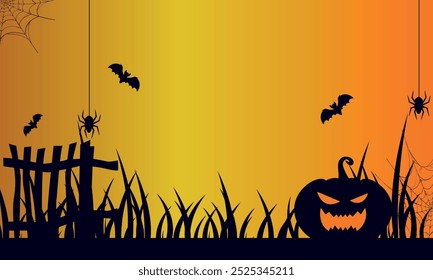 Happy Halloween Spooky Nighttime Scene with bat, pumpkin and spider horizontal background.