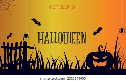 Happy Halloween Spooky Nighttime Scene with bat, pumpkin and spider horizontal background. October 31 greeting poster template